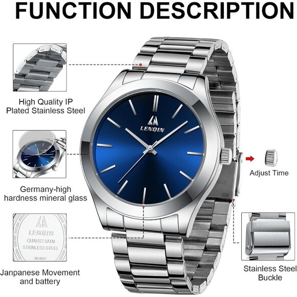 Men Silver Blue Stainless Steel Analog Quartz Fashion Business Designer Watches - Picture 7 of 10